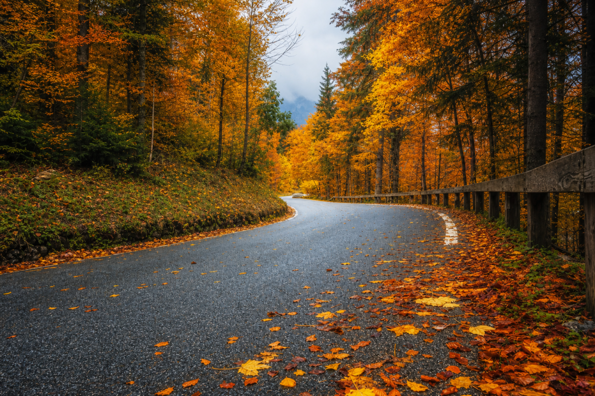Winding road through a forest filled with brilliant orange and gold autumn foliage