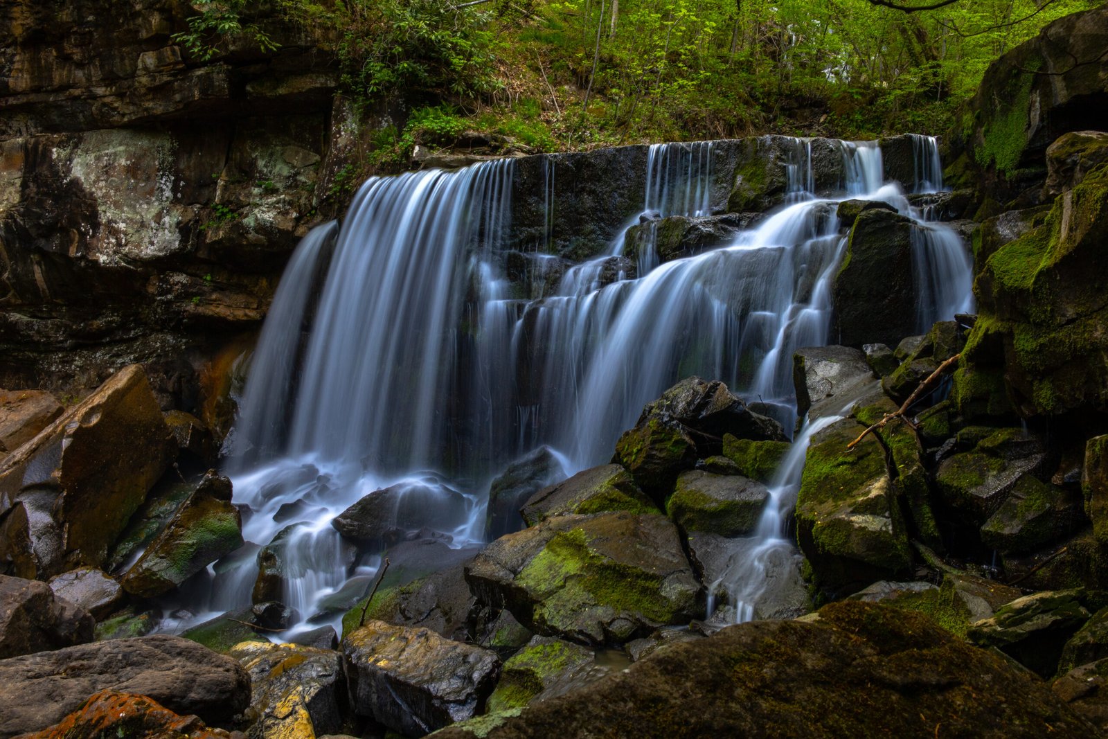 Wolf Creek Falls cascading over moss-covered rocks in New River Gorge, West Virginia
