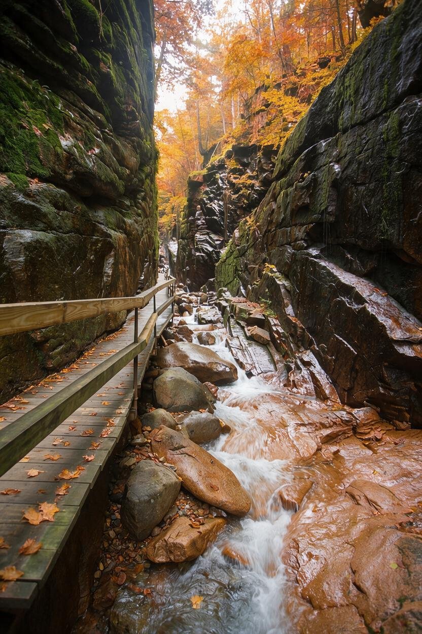Wooden boardwalk through Flume Gorge beside a rocky stream and autumn foliage in New Hampshire